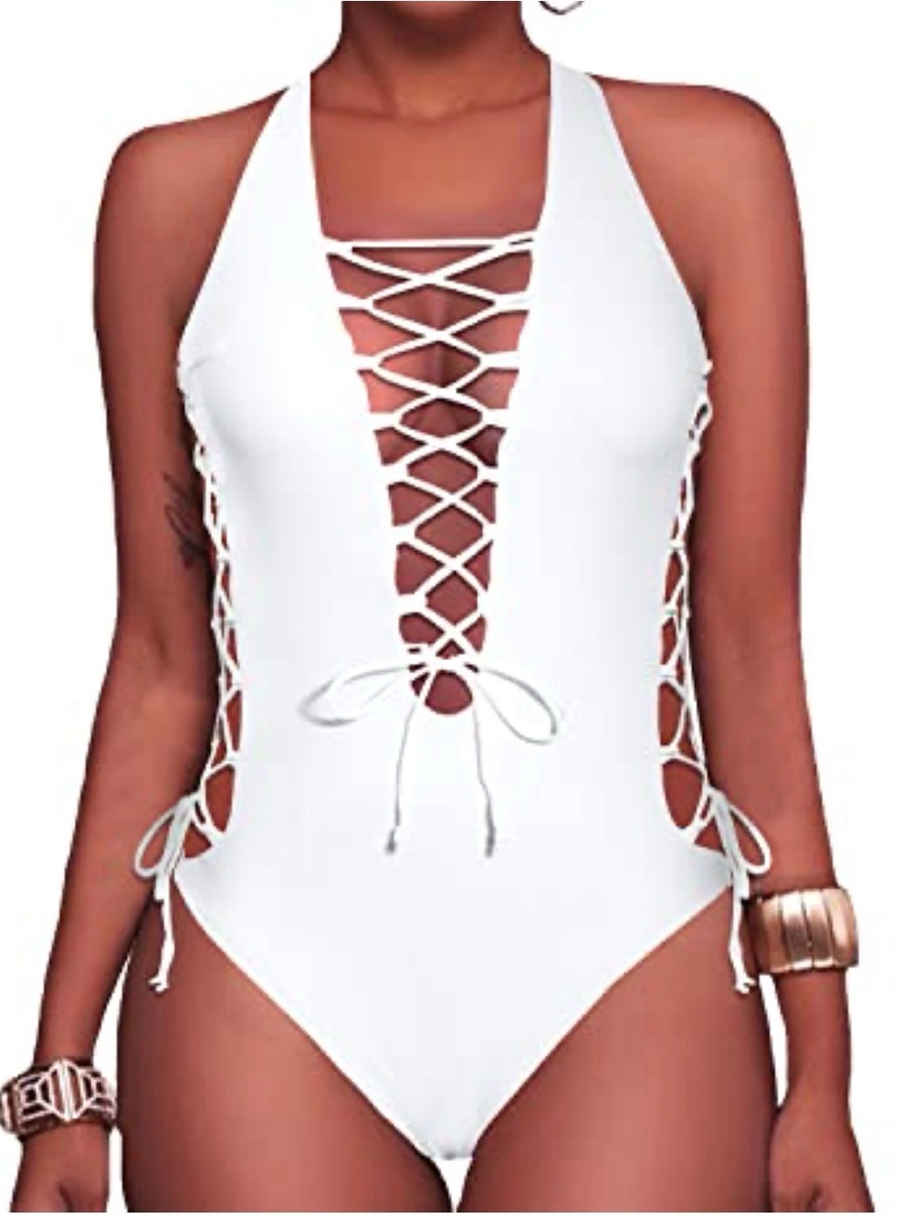 Holipick White Lace-Up One-Piece Swimsuit size M <<<336>>>